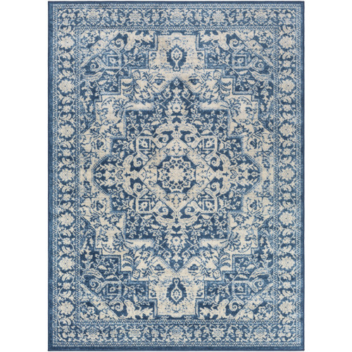 2' x 3' Denim Blue and Beige Floral Rectangular Area Throw Rug - IMAGE 1