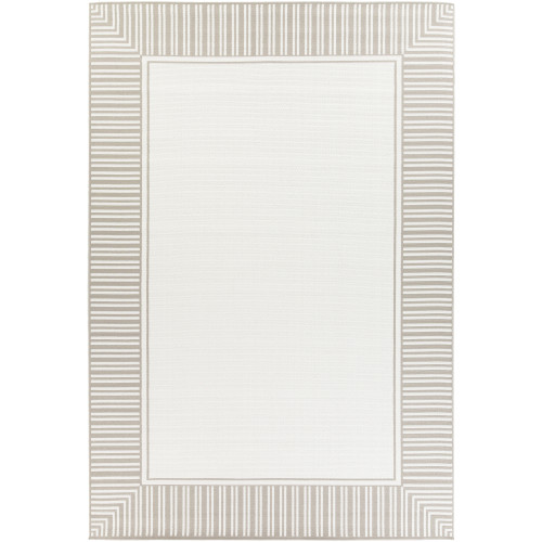 7'6" x 10'9" Stripe Border Patterned Taupe and Ivory Rectangular Area Rug - IMAGE 1