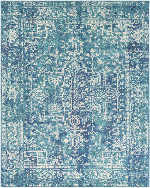 7.8' x 10.25' Transitional Style Teal Blue and White Rectangular Area Throw Rug - IMAGE 1