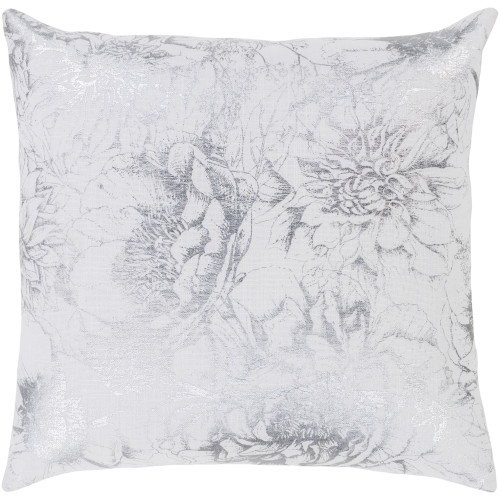 22" White and Metallic Silver Foil Printed Floral Square Throw Pillow Cover - IMAGE 1