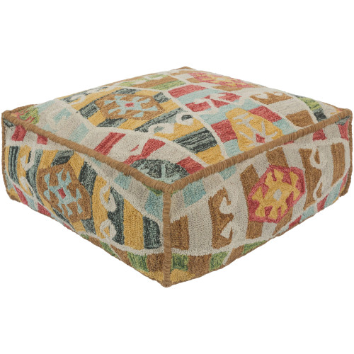 24" Ivory and Brown Geometric Pattern Hand Hooked Cotton Square Pouf Ottoman - IMAGE 1