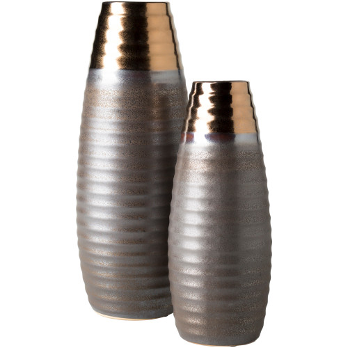 Set of 2 Gray and Gold Ribbed Design Cylindrical Ceramic Vase - IMAGE 1