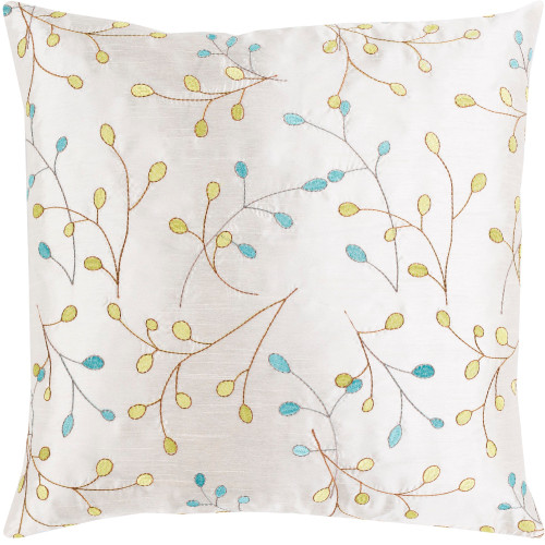 22" White with Embroidered Leaves Woven Square Throw Pillow - Down - IMAGE 1