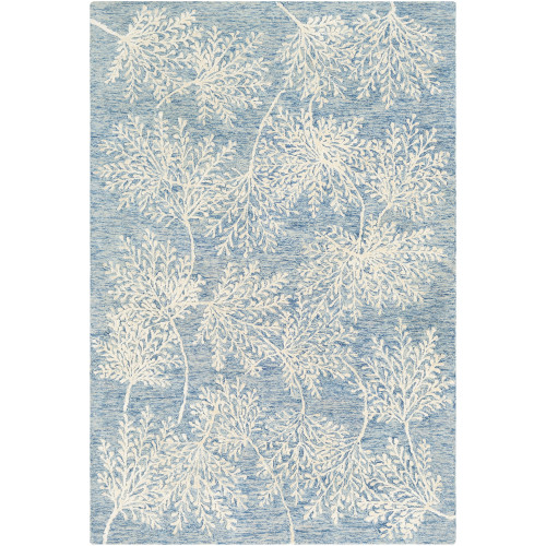 6' x 9' Leaf Design Blue and Beige Rectangular Hand Tufted Wool Area Throw Rug - IMAGE 1