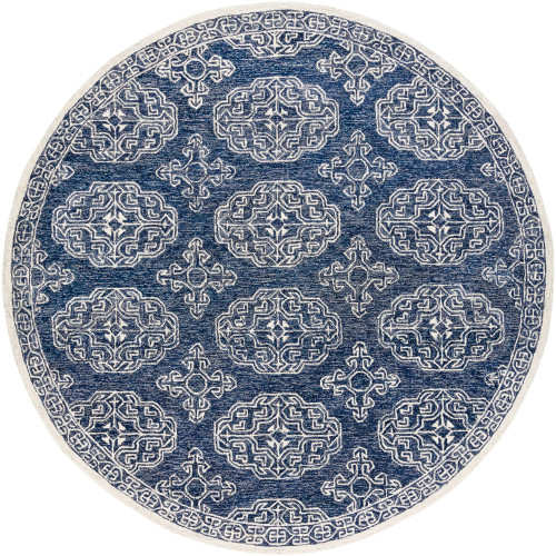 6' Mandala Patterned Navy Blue and Cream White Round Hand Tufted Wool Area Throw Rug - IMAGE 1