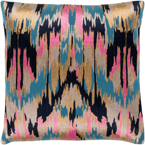 20" Blue and Pink Embroidered Abstract Patterned Square Throw Pillow - Down Filler - IMAGE 1