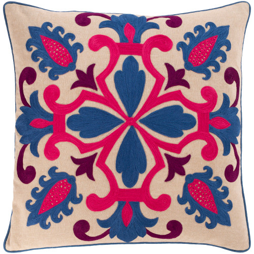 18" Blue and Pink Embroidery Square Throw Pillow - Down Filler - IMAGE 1