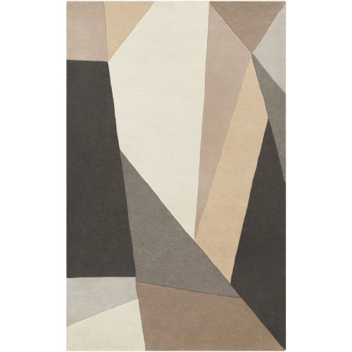 5' x 8' Geometric Triangular Pattern Beige and Gray Rectangular Hand Tufted Wool Area Throw Rug - IMAGE 1