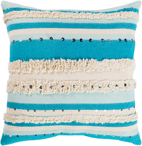 22" Aqua and Cream Striped Pattern Square Throw Pillow - Poly Filled - IMAGE 1