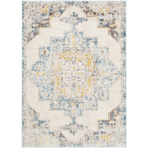 5'3" x 7'3" Distressed Finished Floral Patterned Beige and Yellow Rectangular Area Throw Rug - IMAGE 1