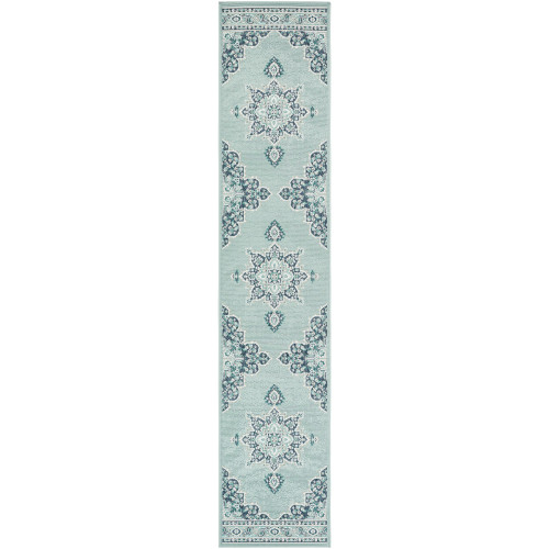 2'3” x 11'9” Mandala Design Blue and White Synthetic Area Throw Rug Runner - IMAGE 1