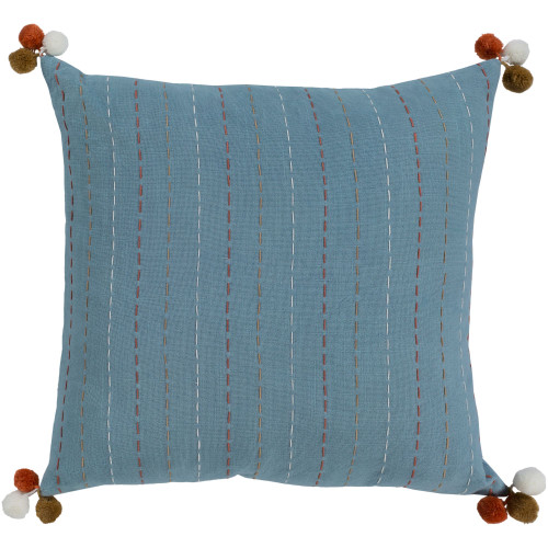 18" Denim Blue Square Woven Throw Pillow Cover with Pom Pom Edge - IMAGE 1