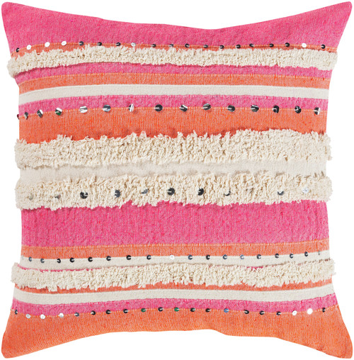 20" Pink, Orange and Cream Striped Pattern Square Throw Pillow - Poly Filled - IMAGE 1