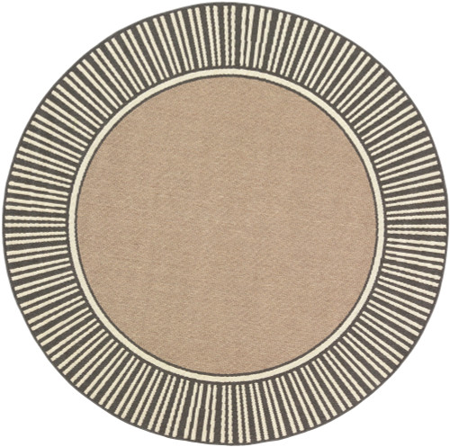 5'3" Alfresco Brown with Black and Beige Stripe Border Patterned Round Synthetic Area Throw Rug - IMAGE 1