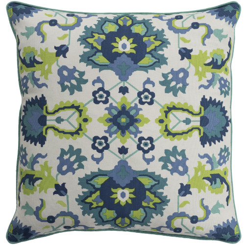 20" Blue and Green Screen Printed Square Woven Throw Pillow Cover with Piping Edge - IMAGE 1