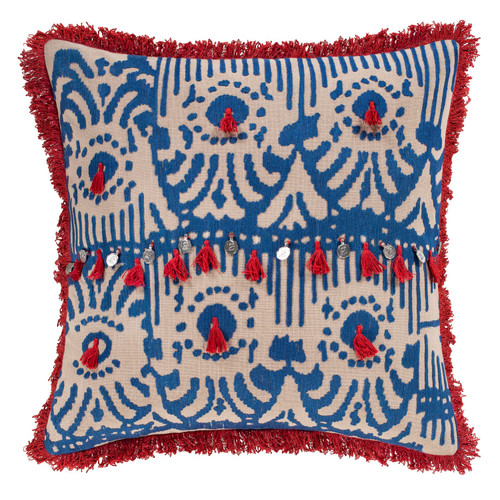 18" Blue and Ivory with Embroidered Pattern and Red Tassel Rope Throw Pillow Cover - IMAGE 1