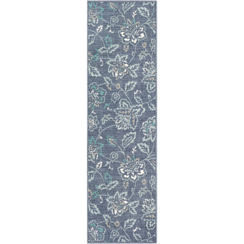2'3" x 11'9"  Floral Design Stone Blue and White Rectangular Rug Runner - IMAGE 1