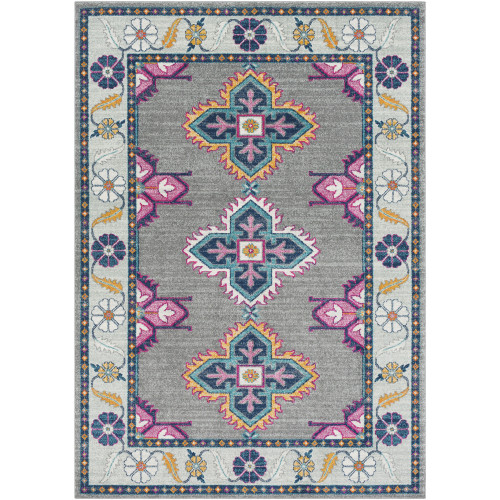 5'3” x 7'3” Floral Patterned Pink and Blue Synthetic Rectangular Area Throw Rug - IMAGE 1