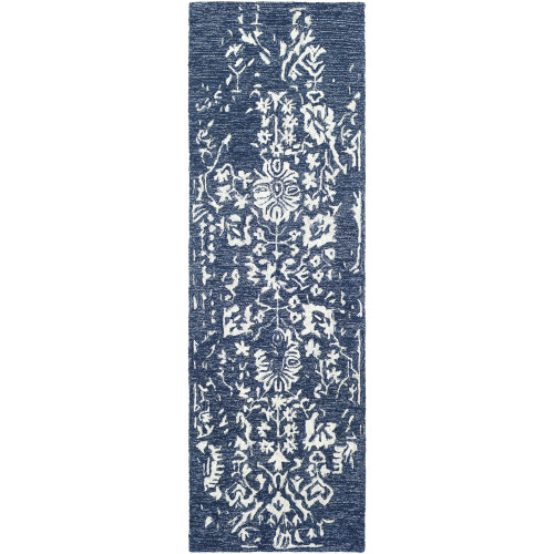 2.5' x 8' Floral Patterned Navy Blue and White Rectangular Area Throw Rug Runner - IMAGE 1