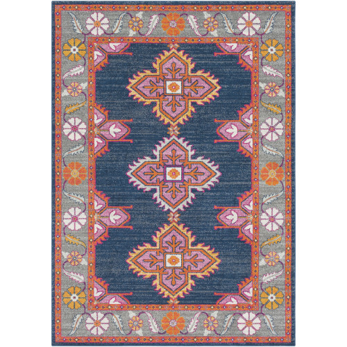 5'3” x 7'3” Floral Patterned Dark Blue and Gray Synthetic Rectangular Area Throw Rug - IMAGE 1