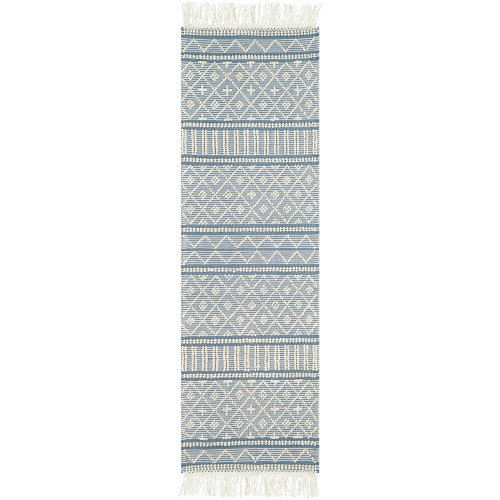 2'6" x 8’ Denim Blue and White Geometric Striped Pattern Rectangular Hand Woven Area Rug - IMAGE 1