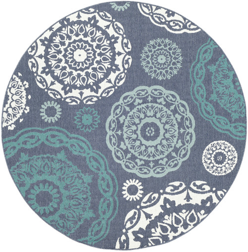 7.25' Medallion Patterned Gray and Blue Round Area Throw Rug - IMAGE 1