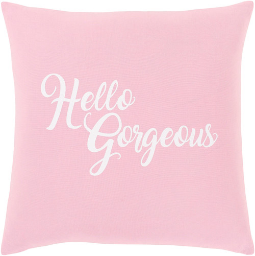 18" Pink and White "Hello Gorgeous" Square Woven Throw Pillow - Down Filler - IMAGE 1