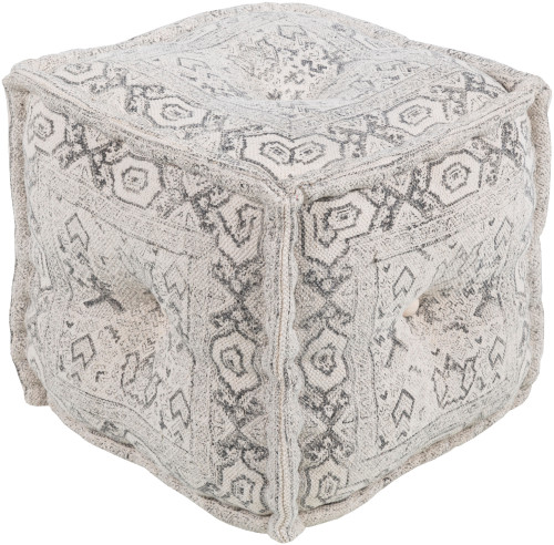 16" White and Gray Bohemian Style Design Cotton Square Pouf Ottoman - IMAGE 1