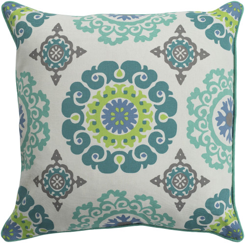 18" Teal Blue and Ivory Screen Printed Square Throw Pillow - Down Filler - IMAGE 1