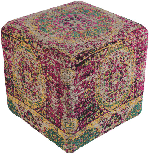 18" Pink and Green Distressed Finish Cubic Pouf Ottoman - IMAGE 1