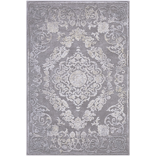 6'7" x 9'6" Distressed Floral Medallion Design Gray and Beige Oval Machine Woven Area Rug - IMAGE 1