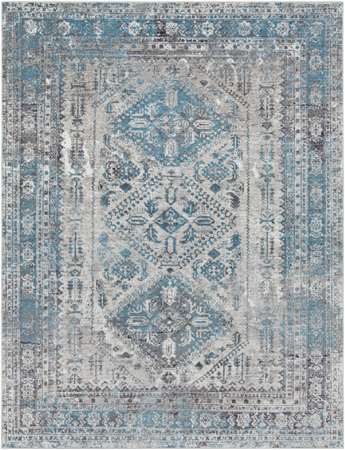 7'10" x 10'3" Distressed Diamond Persian Design Blue and Gray Rectangular Machine Woven Area Rug - IMAGE 1