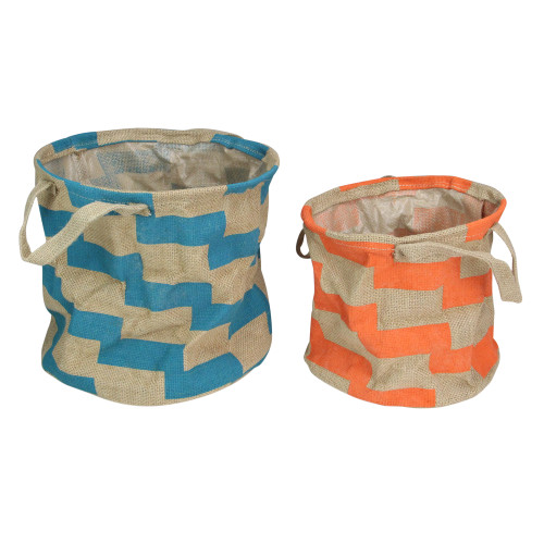 Set of 2 Orange and Teal Burlap Baskets With Handles 12" - IMAGE 1