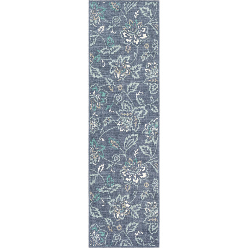 2.3' x 7.9' Alfresco Blue and Green Floral Synthetic Area Rug - IMAGE 1