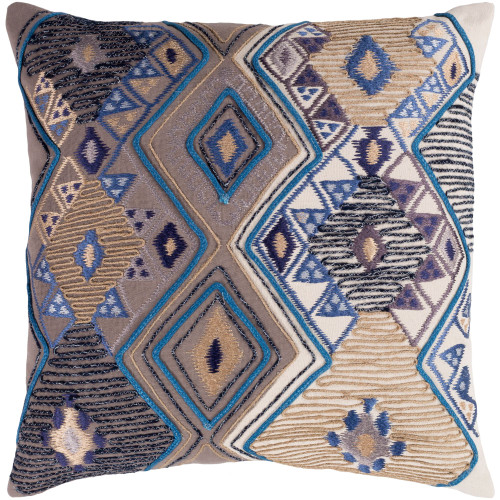 22" Beige and Blue Square Throw Pillow Cover with Knife Edge - IMAGE 1