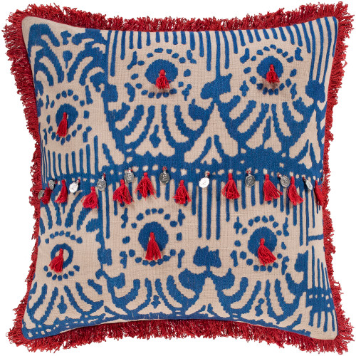 20" Ivory and Blue Embroidered Tibetan Pattern with Red Tassel Throw Pillow Cover - IMAGE 1