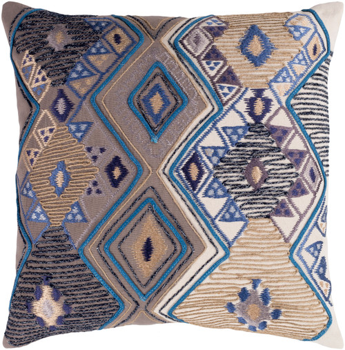 18" Blue and Beige Embroidered Geometric Square Throw Pillow - Down Filler - IMAGE 1