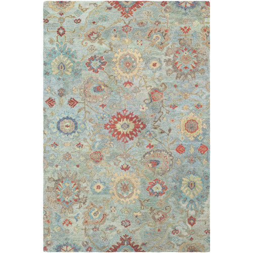 5' x 7'6" Oriental Floral Style Teal Blue and Orange Hand Tufted Wool Area Throw Rug - IMAGE 1