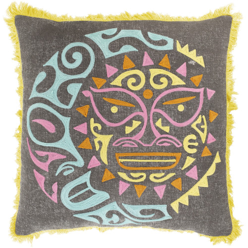 20" Brown and Yellow Embroidered and Printed Square Throw Pillow Cover - IMAGE 1