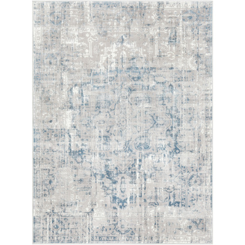 5’3” x 7’3” Distressed Finish Medieval Pattern Beige and Denim Rectangular Area Rug - IMAGE 1
