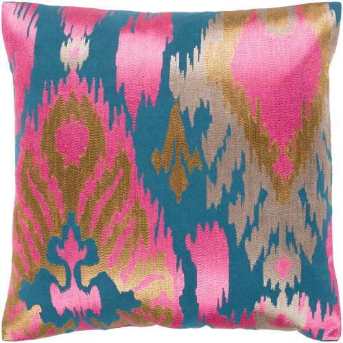 22" Blue and Fuscia Pink Machine Embroidered Square Throw Pillow - Down Filler - IMAGE 1