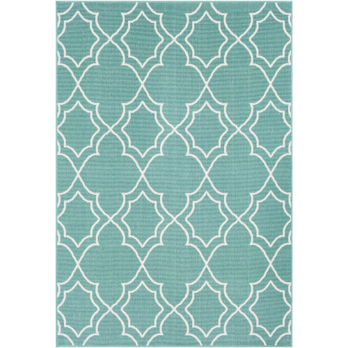 8.8' x 12.8' Moroccan Patterned Teal Green and White Rectangular Area Throw Rug - IMAGE 1