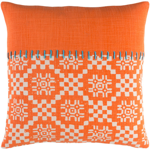 22" Orange and White Embroidery Square Throw Pillow - Poly Filled - IMAGE 1