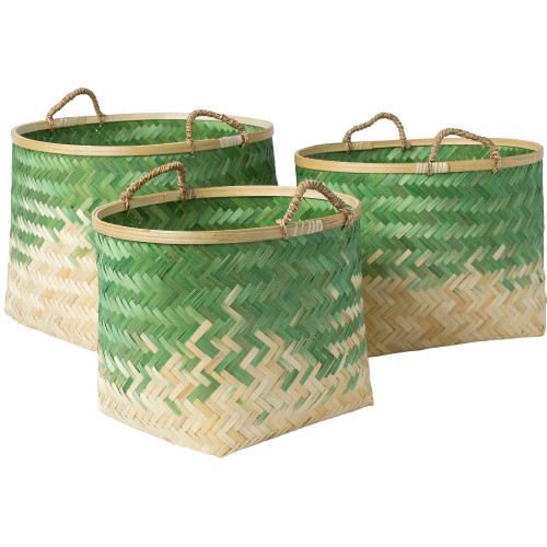 Set of 3 Green and Beige Weave Patterned Bamboo Basket Tabletop Decoration 18.9” - IMAGE 1