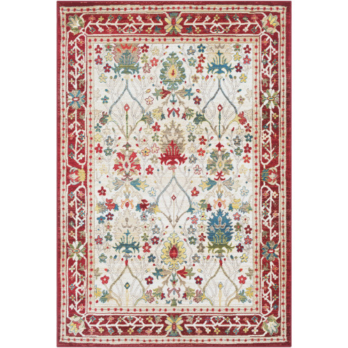 9' x 12.3' Floral White and Red Rectangular Area Throw Rug - IMAGE 1