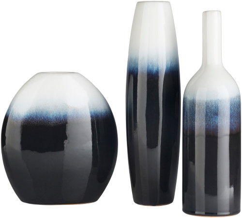 Set of 3 Navy Blue and White Layered Ceramic Vases 15” - IMAGE 1