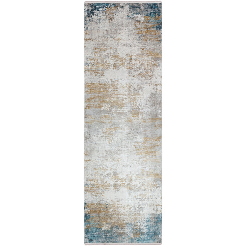 3' x 9.8' Distressed Finish Taupe and Sky Blue Rectangular Area Throw Rug Runner - IMAGE 1
