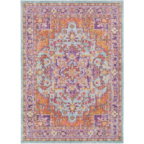 5.25' x 7' Floral Patterned Orange and Blue Rectangular Area Throw Rug - IMAGE 1
