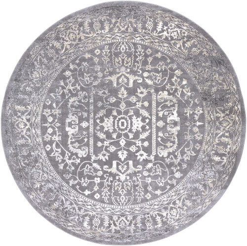 5.25' Charcoal Blue and Ivory Floral Round Area Throw Rug - IMAGE 1