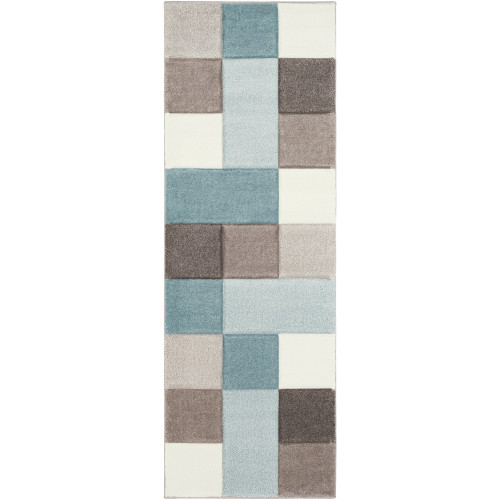 2.5' x 7.5' Geometric Patterned Aqua Green and Brown Rectangular Area Throw Rug Runner - IMAGE 1